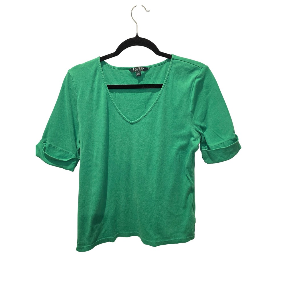 Lauren‎ Ralph Lauren Green V-Neck Cuffed Short Sleeve Cotton Ribbed Top XL